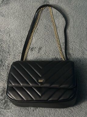 DKNY Black Quilted Shoulder Bag with Gold Chain Accent